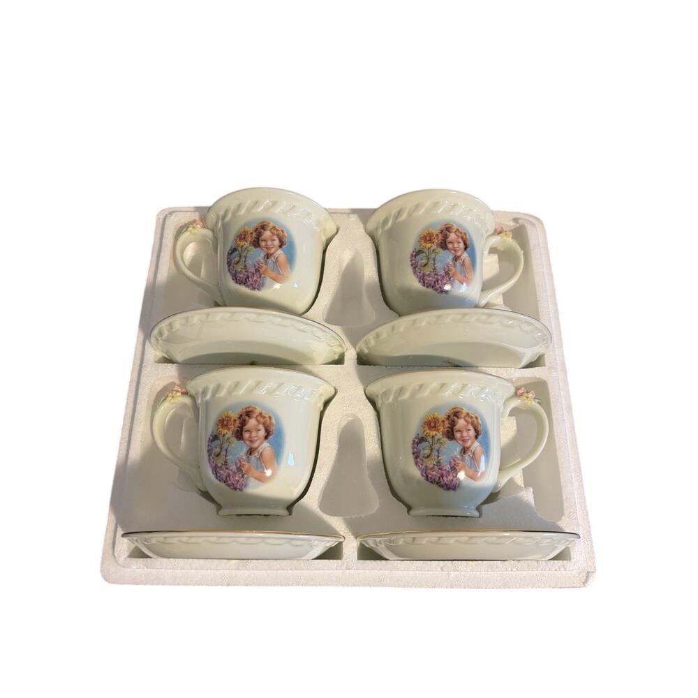 SHIRLEY TEMPLE PORCELAIN TEACUPS Set of 4 NIB Sunflower girl CUP saucers tea Set